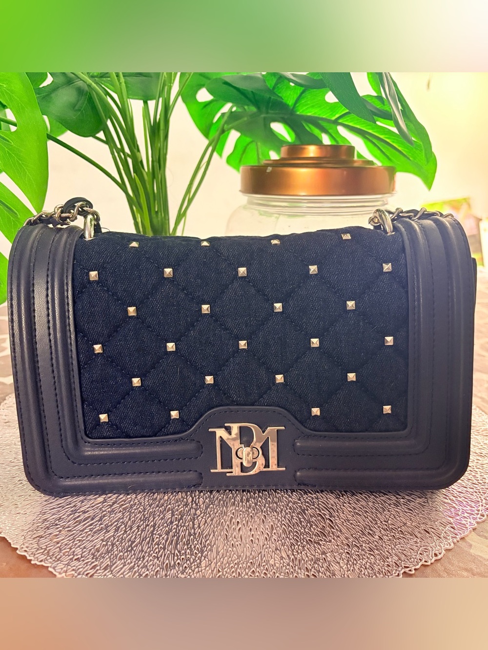 Badgley Mischka Navy Denim Quilted Pearl Studded Crossbody NWT